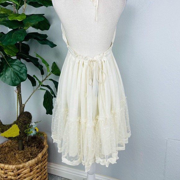 NWT Cream Babydoll Short Backless Lace Mesh Ruffle Boho Dress - Picture 3 of 6